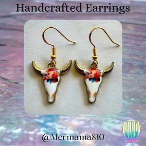 Handcrafted Bull Skull Earrings with Floral Design